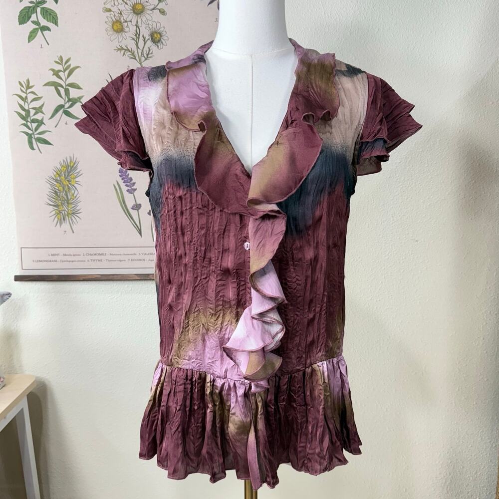 90s Y2k Purple Watercolor Ruffle Crinkle Top Fairy Grunge Forest Whimsigoth S